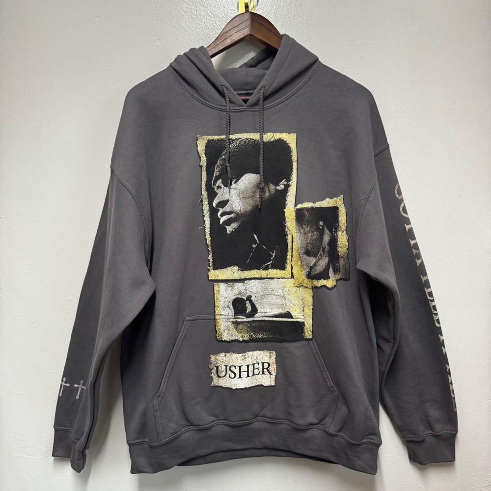 Usher Graphic Hoodie Charcoal Grey Music Artist Streetwear Y2K Large 90s Hip Hop